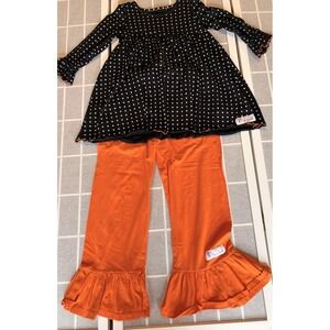 Flowersac Girls Long Sleeve Shirt Ruffle Pant Set Orange Black Boutique Sz 12/14